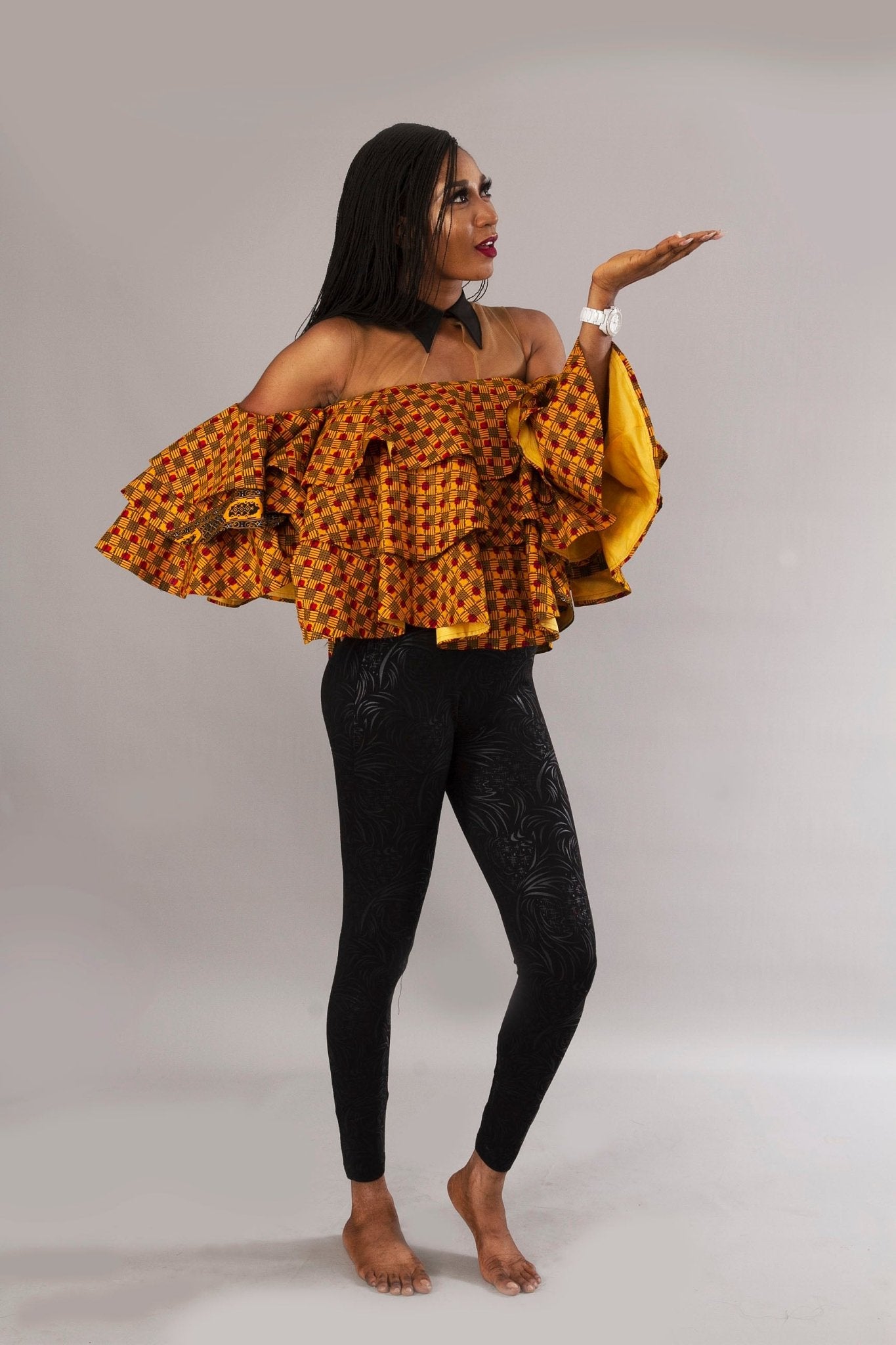 Mustard Yellow Triple Flare African Ankara Party Top - Africanclothinghub