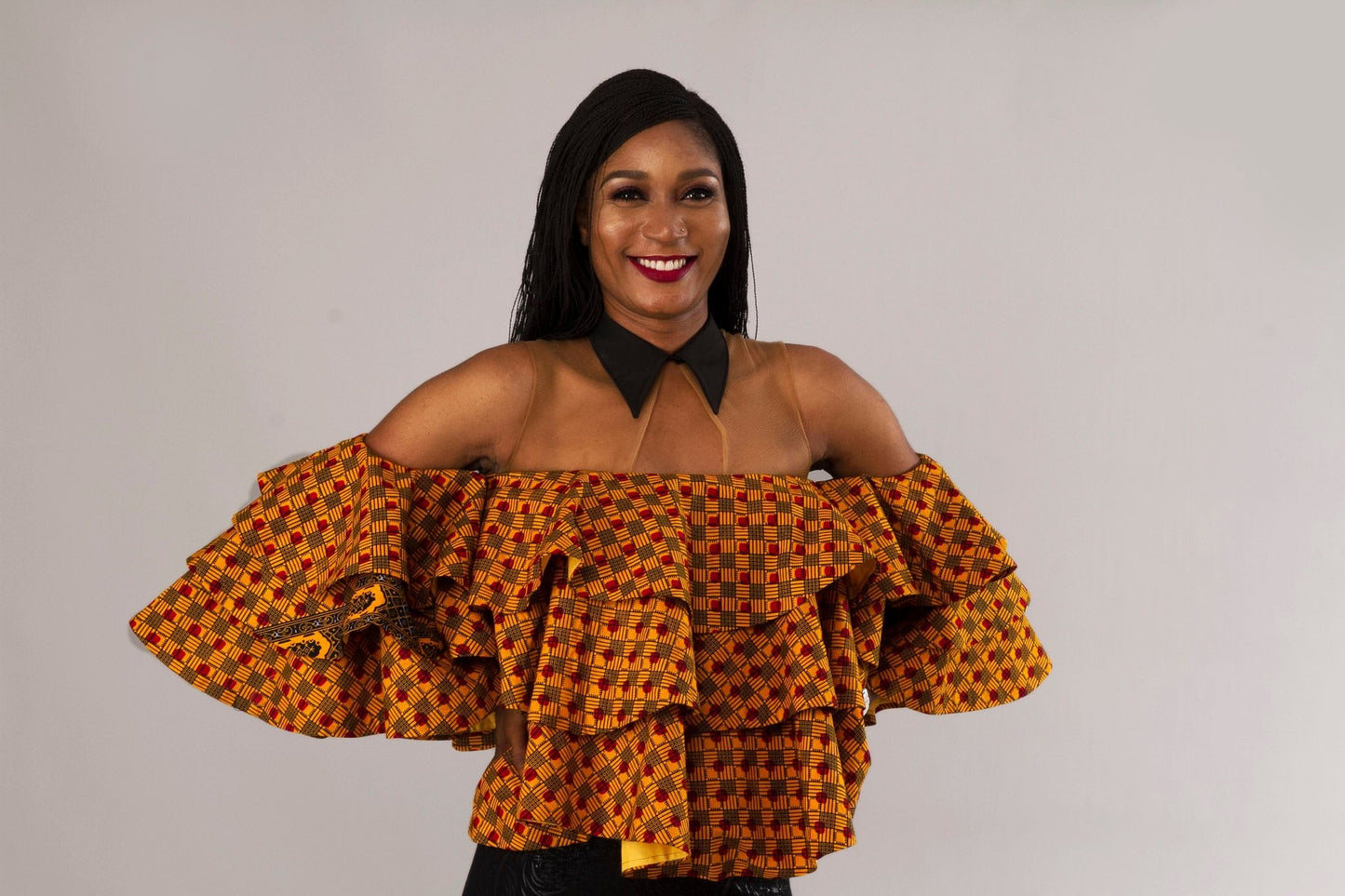 Mustard Yellow Triple Flare African Ankara Party Top - Africanclothinghub