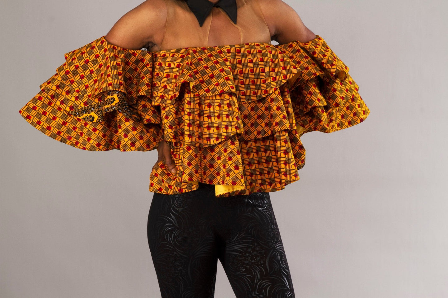 Mustard Yellow Triple Flare African Ankara Party Top - Africanclothinghub