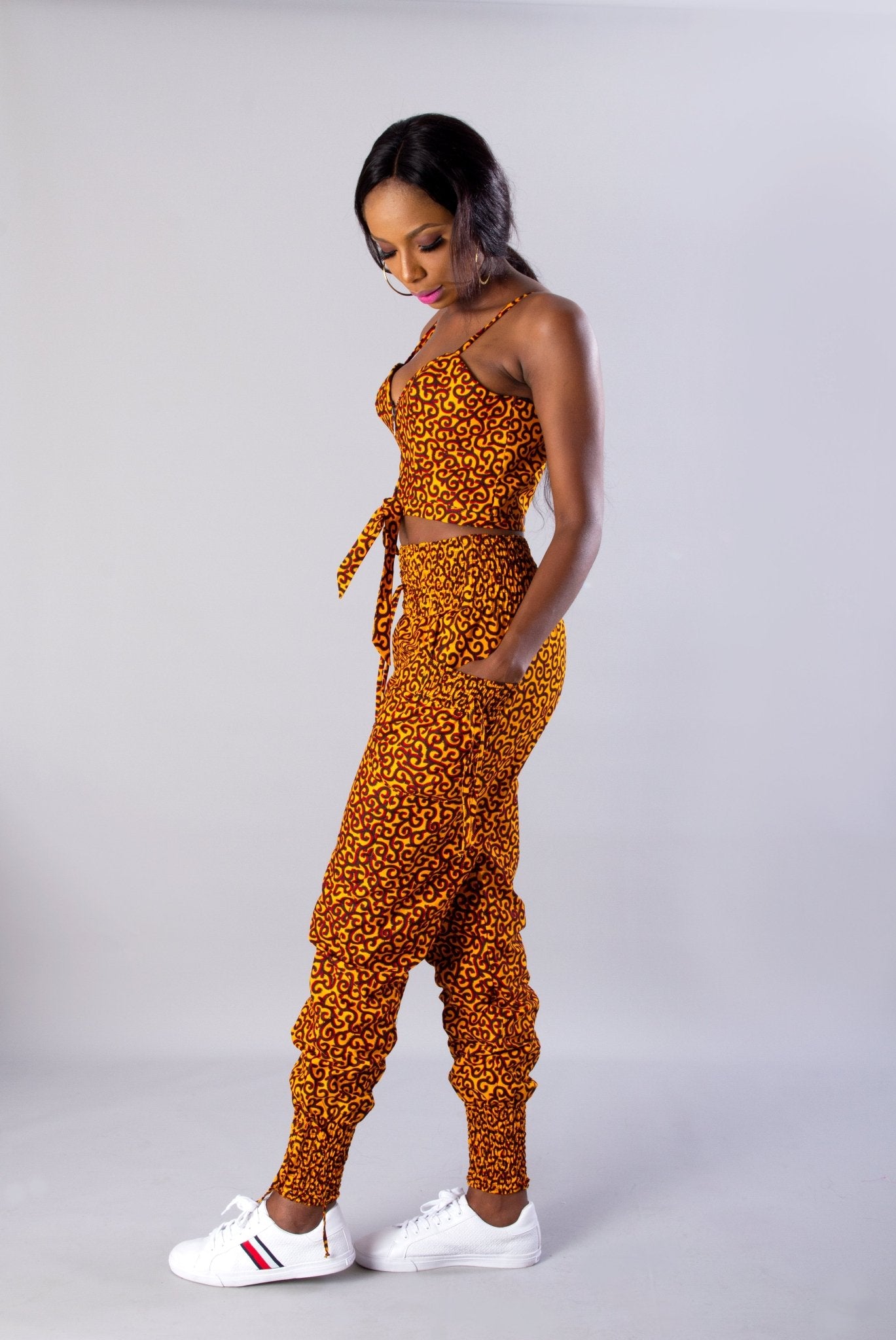 Mustard Yellow Two piece African Ankara print Top and Joggers Set - Africanclothinghub