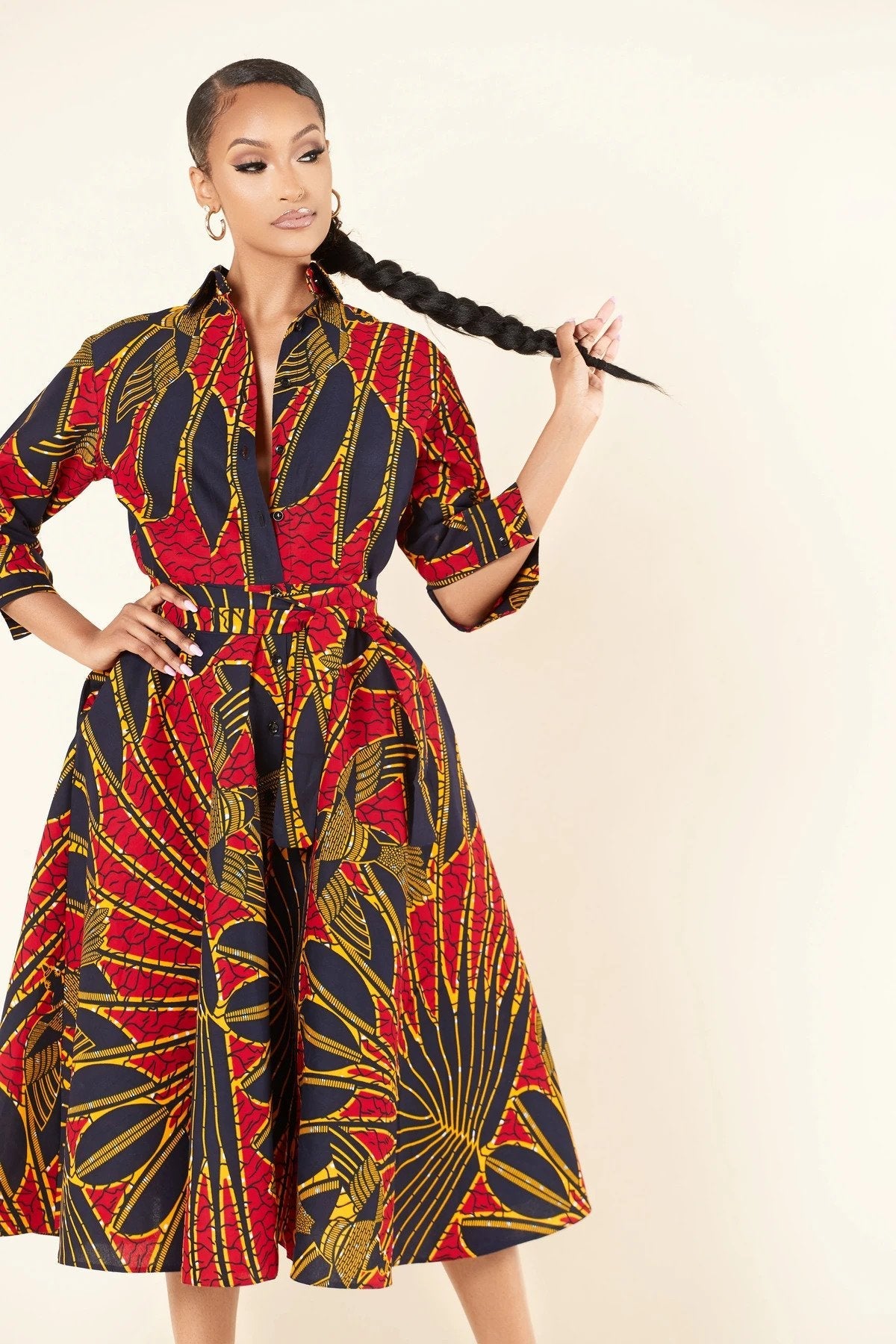 NAVY BLUE RED PLUS SIZE AFRICAN ANKARA PRINT SHIRT DRESS - Africanclothinghub