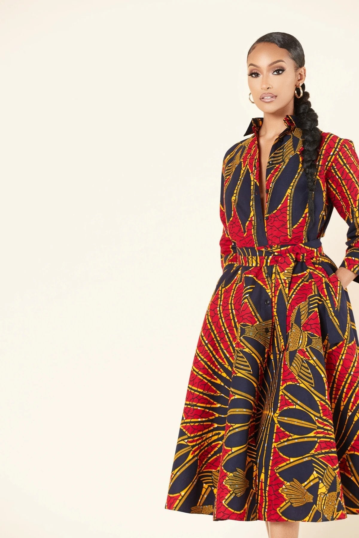 NAVY BLUE RED PLUS SIZE AFRICAN ANKARA PRINT SHIRT DRESS - Africanclothinghub