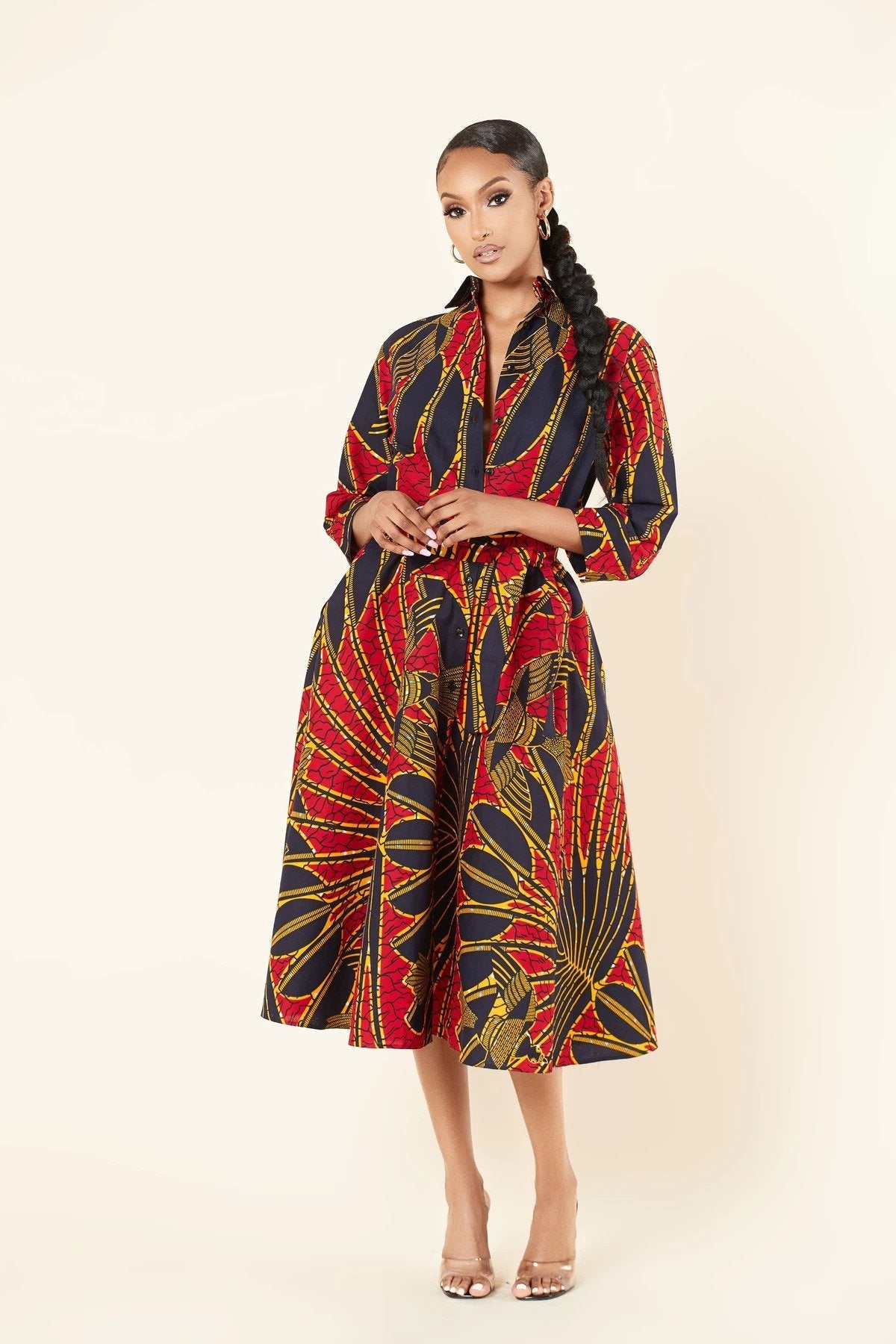 NAVY BLUE RED PLUS SIZE AFRICAN ANKARA PRINT SHIRT DRESS - Africanclothinghub