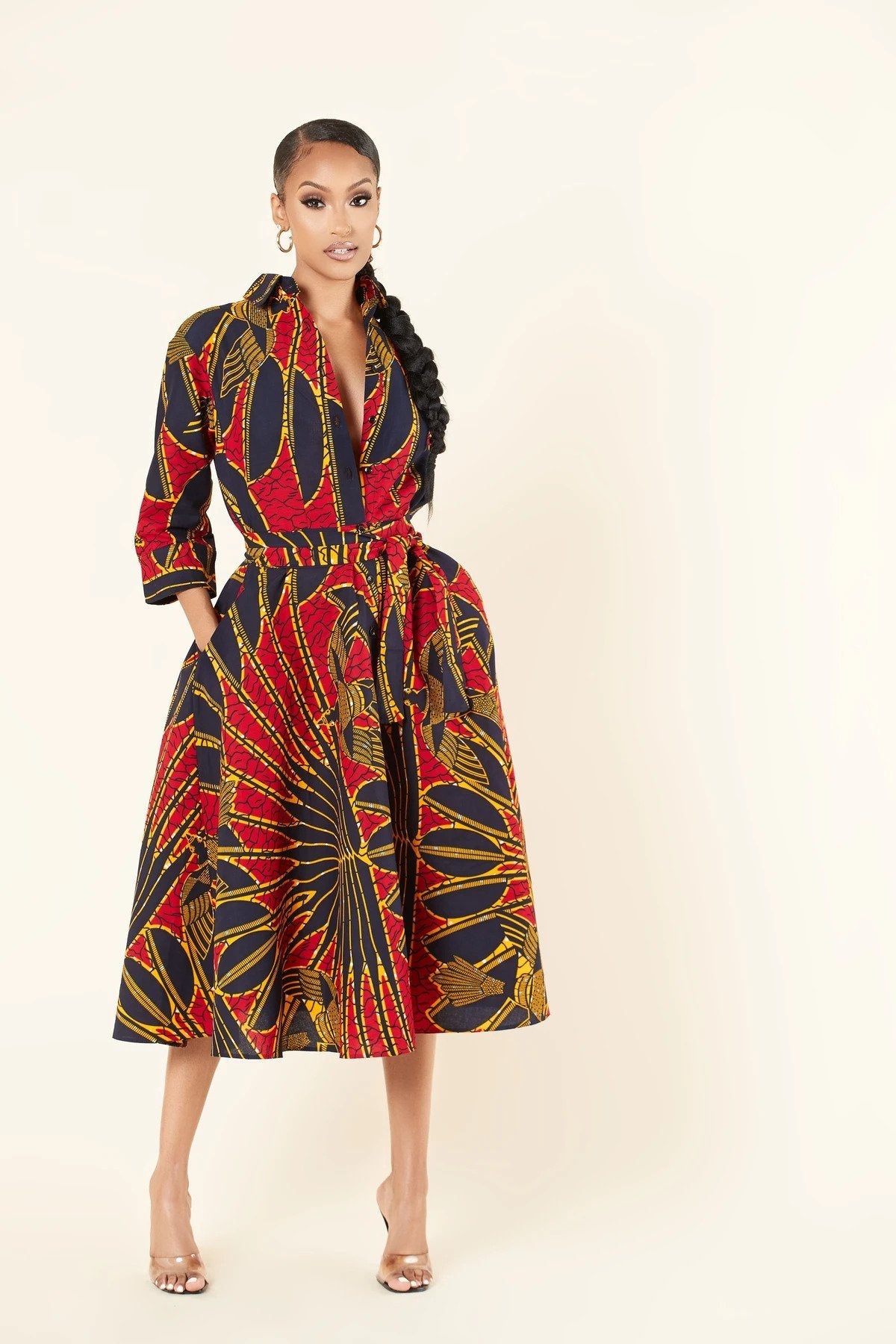 NAVY BLUE RED PLUS SIZE AFRICAN ANKARA PRINT SHIRT DRESS - Africanclothinghub