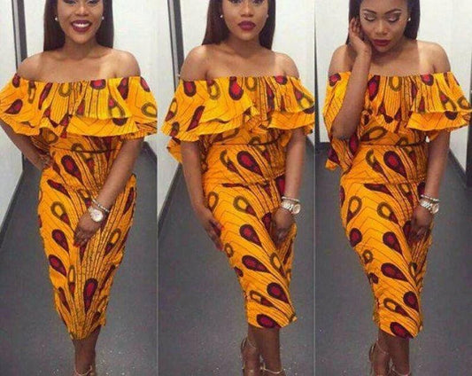 ORANGE AFRICAN ANKARA PRINT PLUS SIZE CLOTHING PARTY DRESS - Africanclothinghub