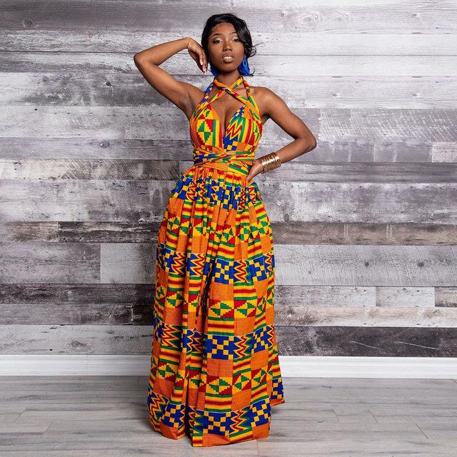 ORANGE AFRICAN KENTE PRINT PLUS SIZE CLOTHING PARTY DRESS - Africanclothinghub