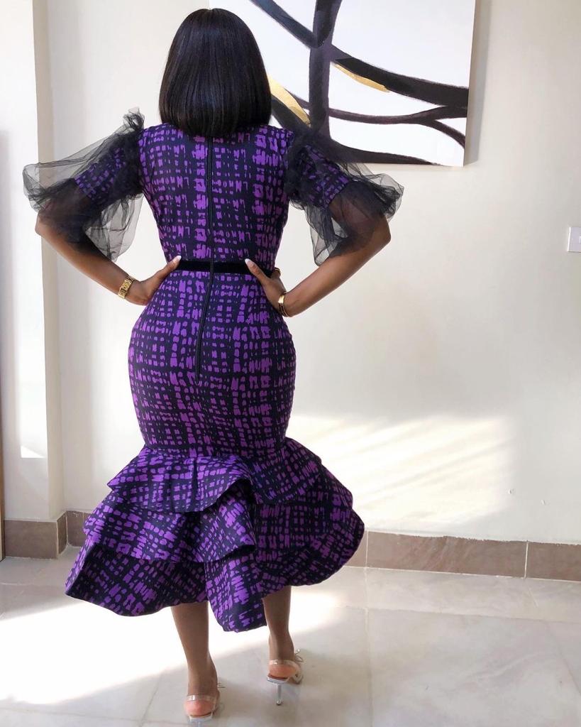 purple ankara dress african midi dress with chiffon sleeves