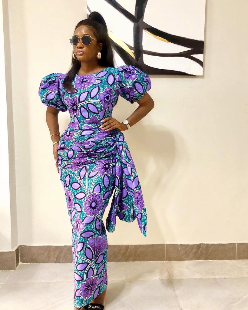 Purple African Ankara Print Round Neck Maxi Dress With Side Sash Purple African Ankara Print Round Neck Maxi Dress With Side Sash
