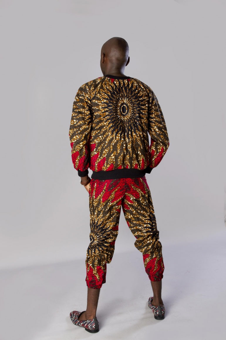 Conjunto de chaqueta de mezclilla de hombre con estampado de Ankara africano azul marrón