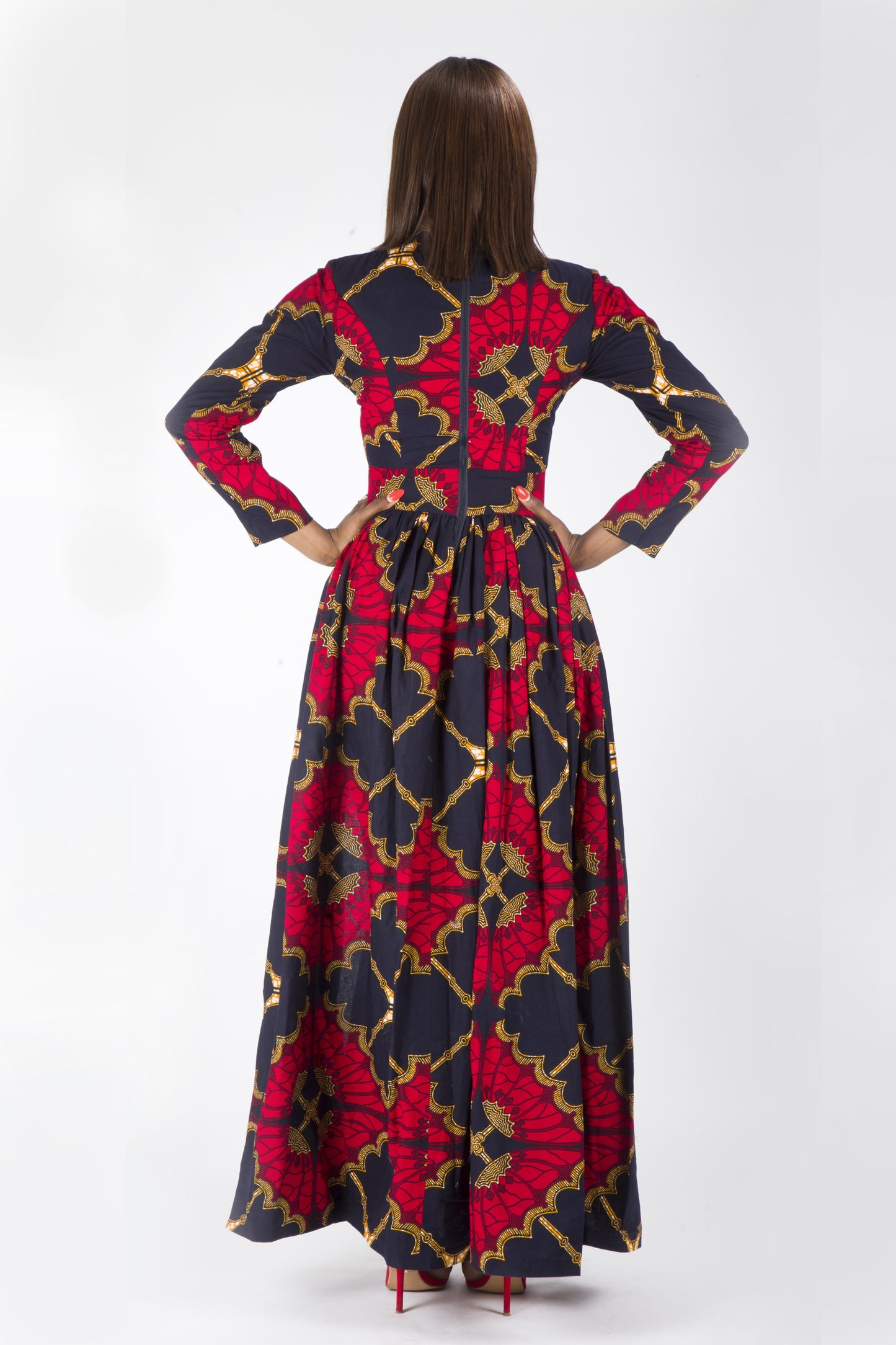 Red Blue Long Sleeve African Ankara Print Maxi Dress
